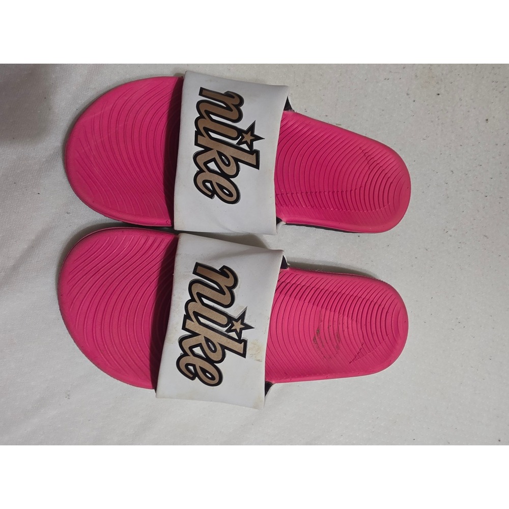 Nike Kawa Slides Pink White Script Logo Star Athletic Sandals Womens